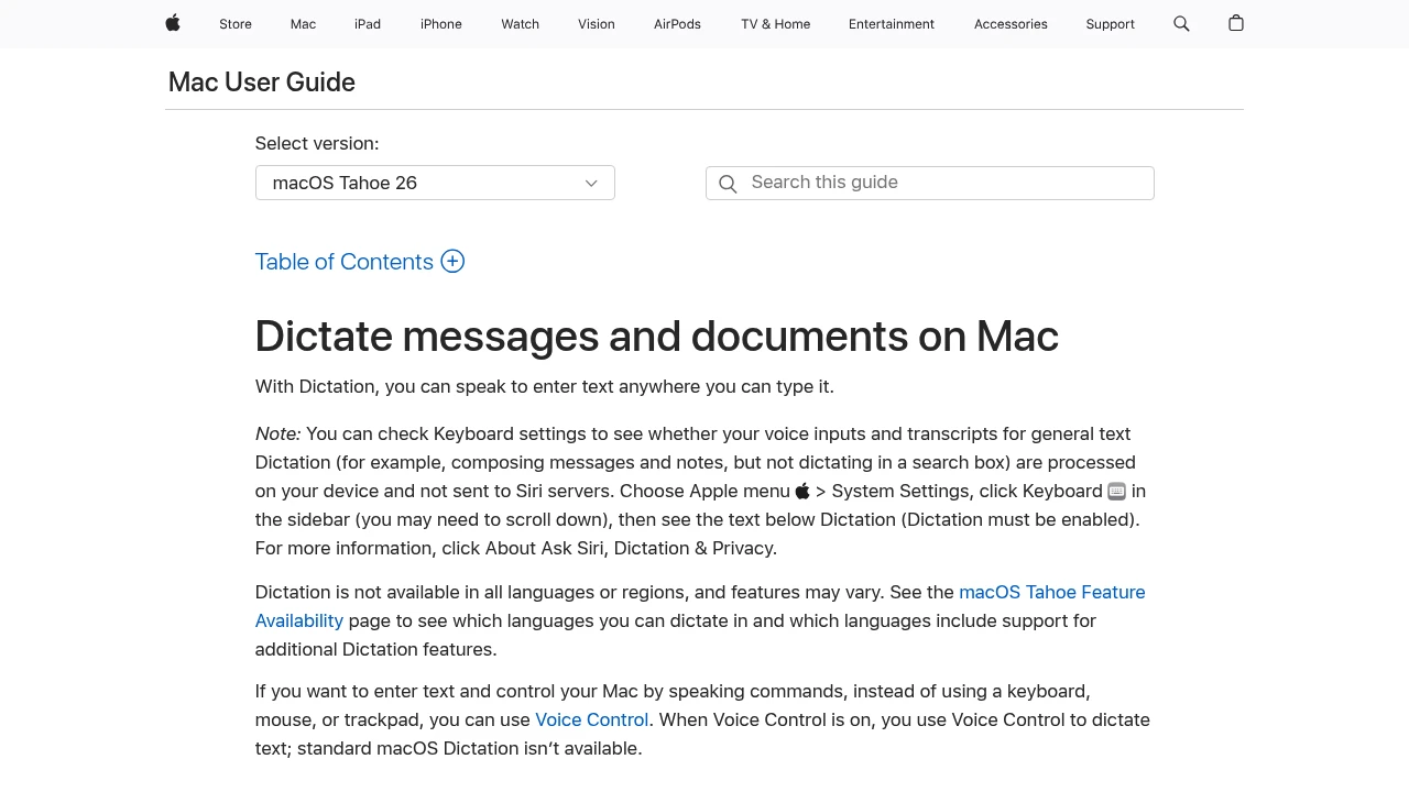 Screenshot of Apple Dictation website