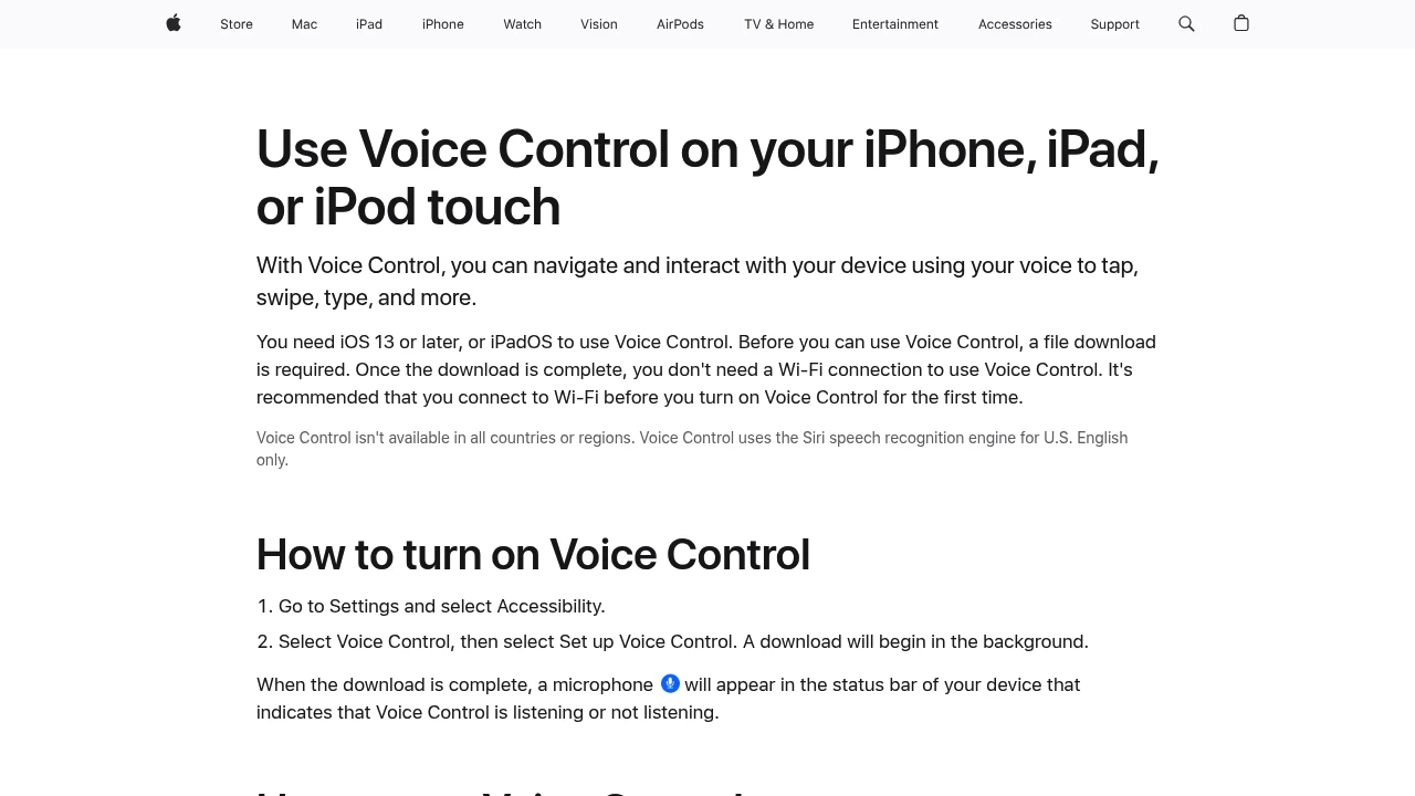 Screenshot of Apple Voice Control website