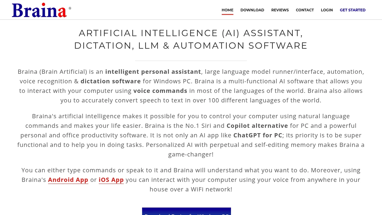Screenshot of Braina website