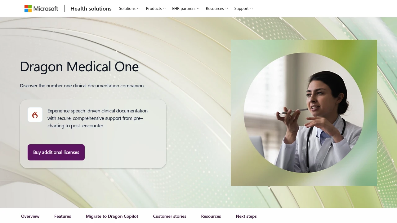 Screenshot of Dragon Medical One website