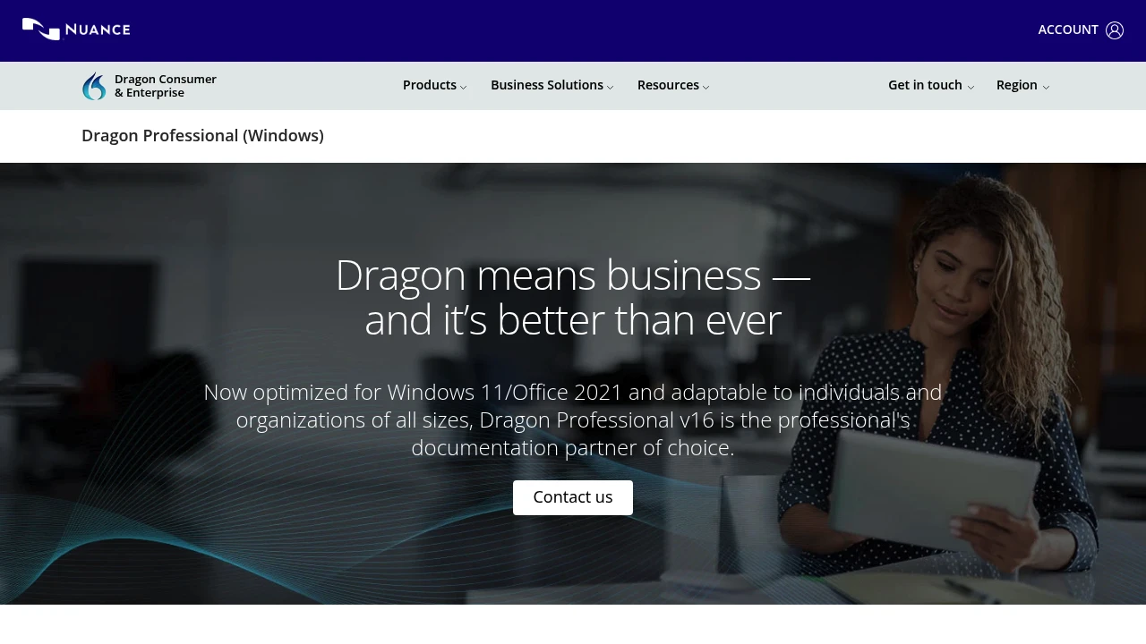 Screenshot of Dragon Professional website