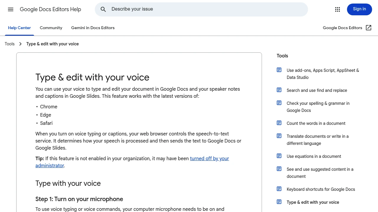 Screenshot of Google Docs Voice Typing website