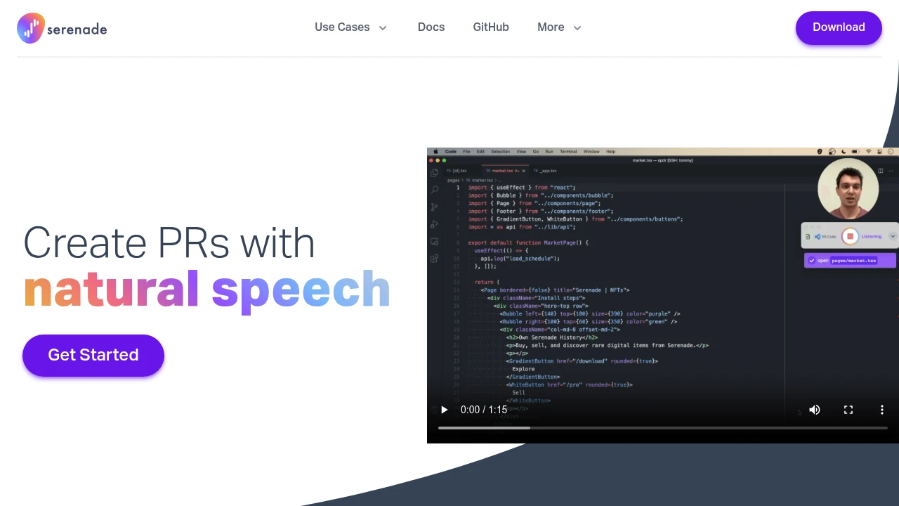 Screenshot of Serenade website