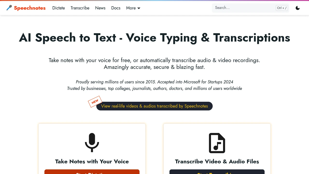 Screenshot of Speechnotes website