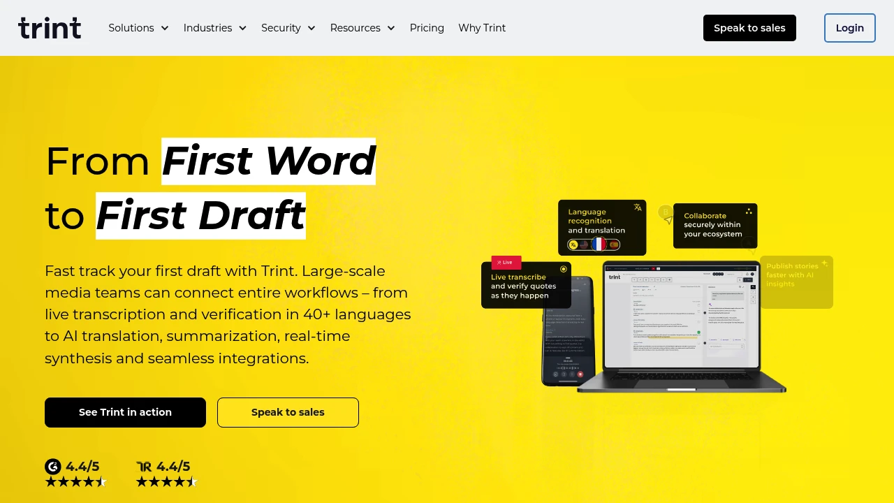 Screenshot of Trint website