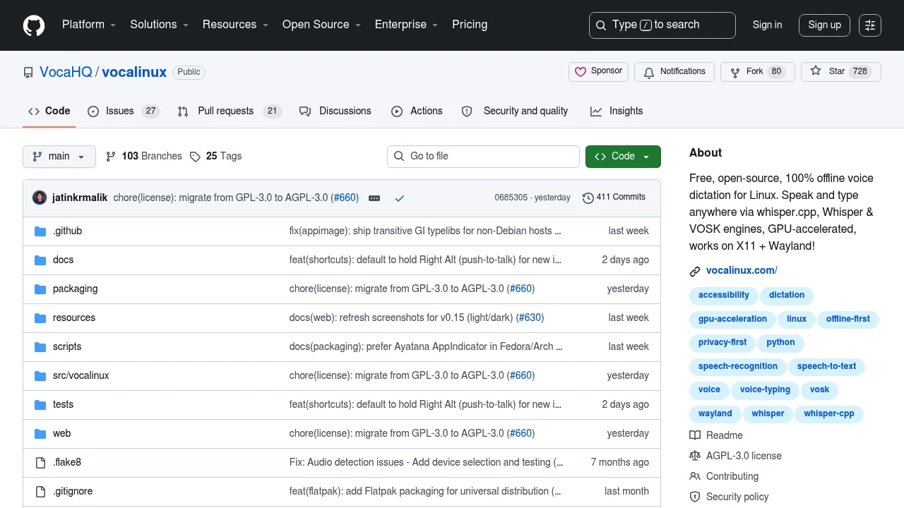 Screenshot of Vocalinux website