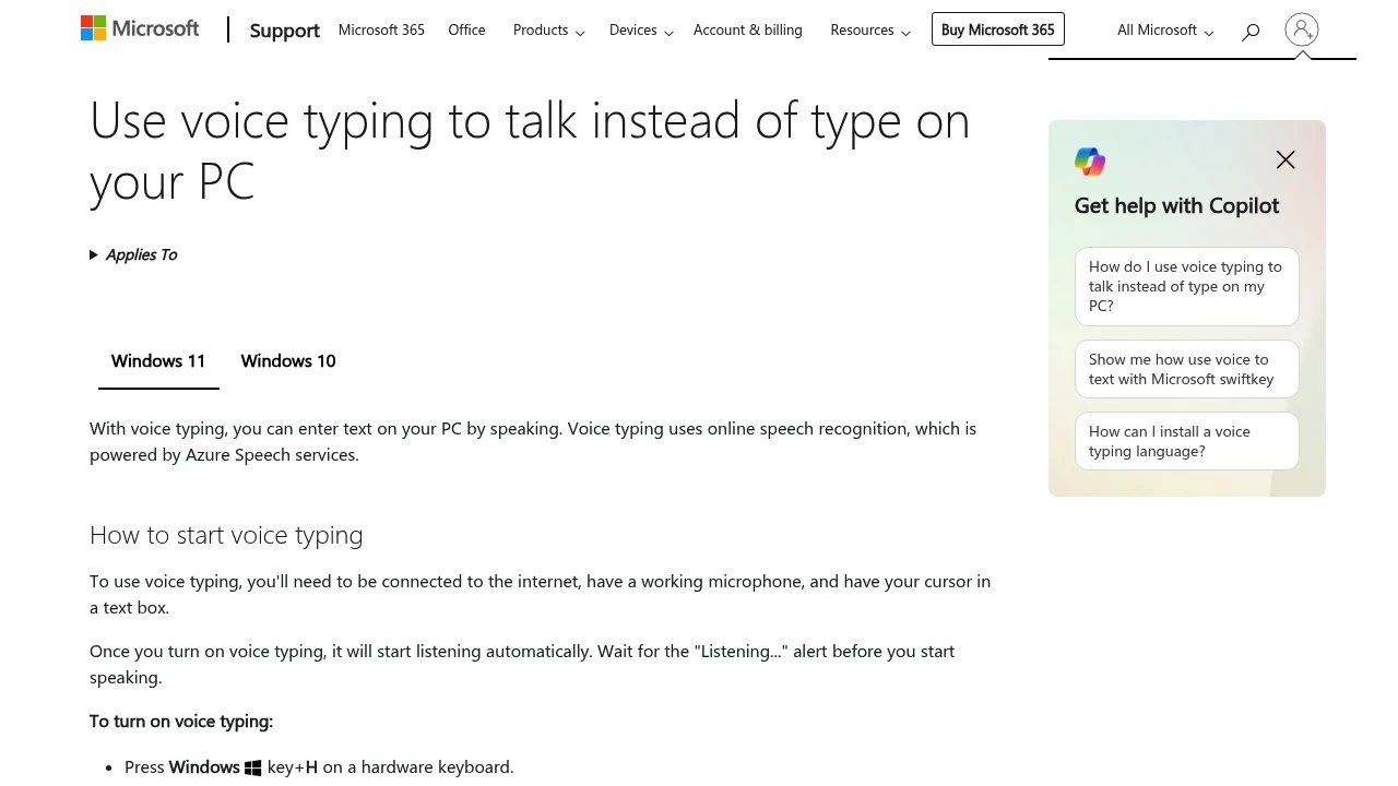 Screenshot of Windows Voice Typing website